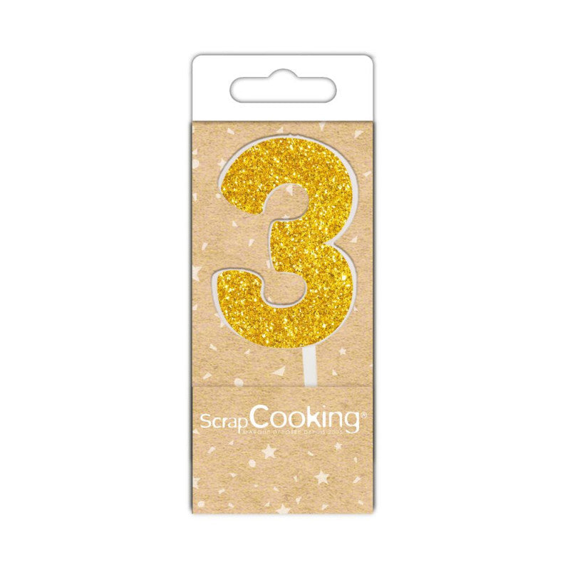 Mini bougie d'anniversaire chiffre 3 dorée | Scrapcooking