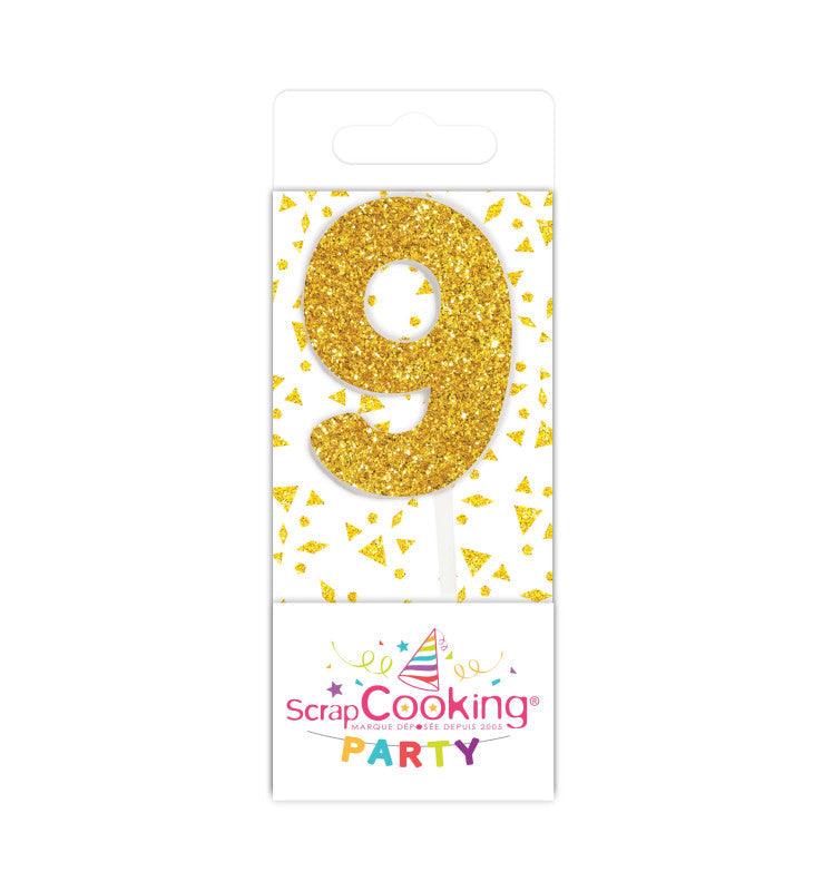 Mini bougie d'anniversaire chiffre 9 dorée | Scrapcooking